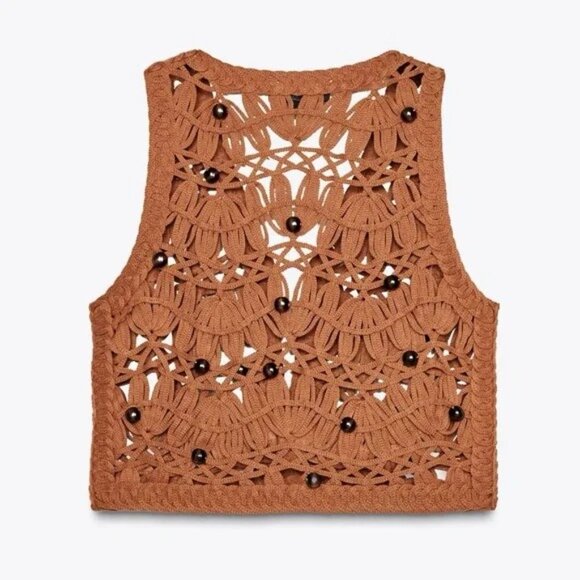[🌟 PRICE FIRM] 🌞 ZARA Beaded Knit Vest Macrame Terracotta Rust Crochet S - Picture 4 of 15